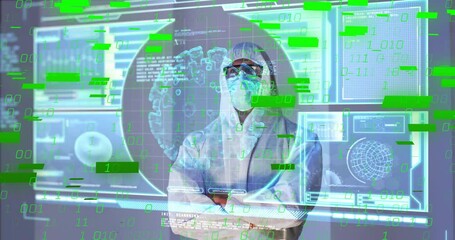Poster - Scientist in protective gear analyzing digital data over world map animation