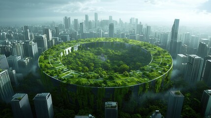 Poster - a breathtaking vision of a futuristic self sustaining city suspended above a fractured urban landsca