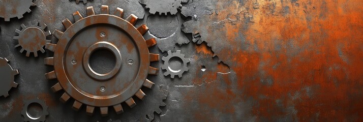 Poster - Industrial gears set against a rugged metallic background with a smooth gradient for text display