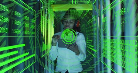Poster - Using tablet with green digital data animation overlay in school setting