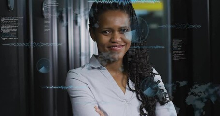 Poster - Smiling woman in office with digital data processing animation overlay