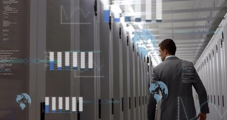Poster - Walking through server room, businessman analyzing digital data processing animation