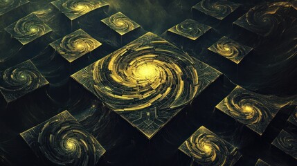 Poster - Abstract fractal art depicting swirling patterns within golden cubes.