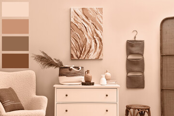 Aufkleber - Stylish room with furniture and decorative elements in mocha mousse shade. Interior design with matching color palette