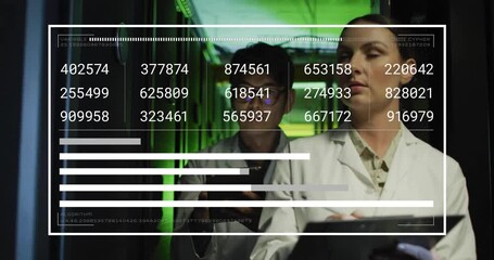 Poster - Analyzing data, scientists in laboratory using digital numbers and graphs animation