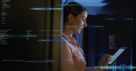 Poster - Using tablet with digital animation, woman in server room analyzing data