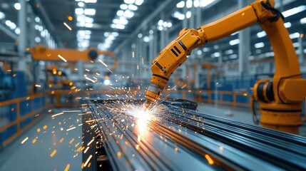 Poster - A dramatic industrial welding scene featuring a robotic arm performing precision welding on a metal surface creating a shower of bright sparks in a high tech manufacturing facility