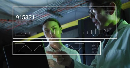 Poster - In laboratory, scientists analyzing data with digital graphs and animation overlay