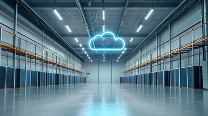 Poster - A vast technologically advanced warehouse featuring an expansive minimalist interior with symmetrical shelving efficient lighting and a striking neon cloud like structure