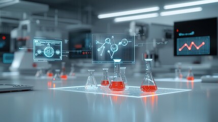 Poster - A state of the art biotech research laboratory filled with digital interfaces scientific equipment and advanced lighting