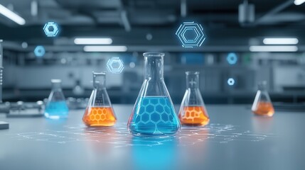 Poster - a modern innovative laboratory workspace filled with glowing scientific equipment flasks and beakers