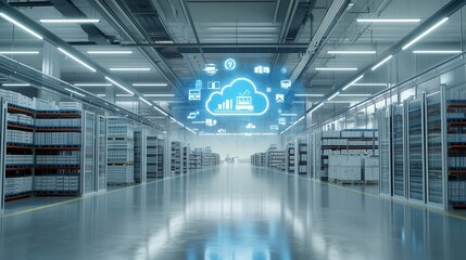 Poster - A cavernous futuristic looking logistics facility with a long wide aisle filled with server racks storage shelves and advanced digital monitoring and control systems
