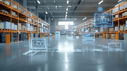 Poster - a vast technologically advanced warehouse with efficient storage inventory management and logistics 