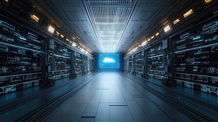 Poster - A vast futuristic smart warehouse showcasing rows of towering shelves and advanced data infrastructure creating an immersive and highly organized storage environment