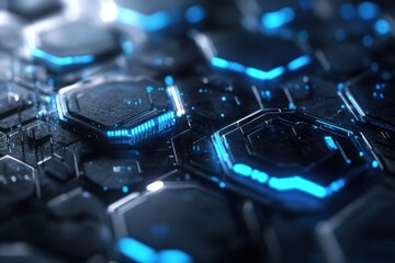 Poster - Abstract hexagonal technological background with glowing blue lines.