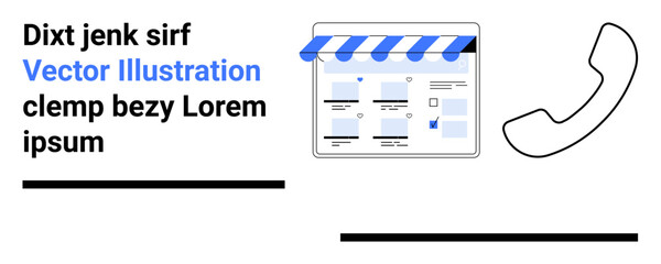 Wireframe interface with various containers and sections, text blocks including Dixit jenk sirf and Lorem Ipsum, highlighted blue text, telephone handset. Ideal for UX design, web development