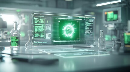 Poster - A highly sophisticated research laboratory filled with state of the art equipment and illuminated by a captivating holographic display