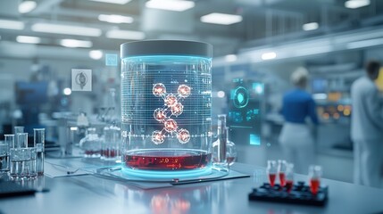 Poster - A highly sophisticated and technologically advanced research laboratory featuring cutting edge equipment digital displays and a futuristic brightly lit atmosphere