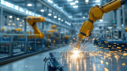 Poster - A highly skilled robotic welding arm precisely manipulating a welding torch and generating a shower of sparks in a state of the art industrial manufacturing plant