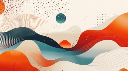 Poster - Abstract wavy shapes with dots and circles in orange blue beige and black colors