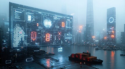 Poster - a high tech cargo ship smoothly glides through a vibrant neon lit urban landscape surrounded by towe