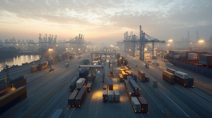 Poster - An expansive high tech freight corridor at dusk with a fleet of cargo containers and cranes in a bustling industrial port setting