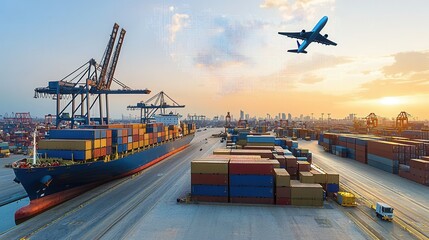 Poster - A technologically advanced supply chain hub with containers cranes and aircraft at a busy international port during sunset