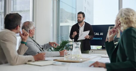 Poster - Businessman, documents or meeting with screen for boardroom discussion or AI presentation at office. Man, employee or speaker talking to executive directors for ethical proposal, question or app idea