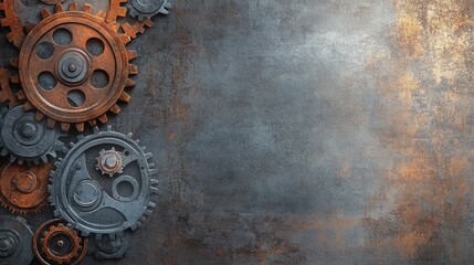 Poster - Industrial background featuring a focal gear design in gray and rust tones with a metallic gradient for layered text elements