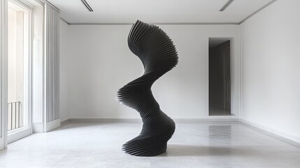 Poster - Sculpture of sleek black curves stands elegantly in a modern gallery space with neutral tones and natural light