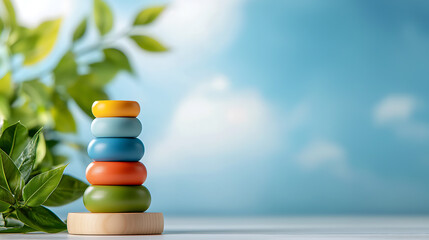 Colorful stacking rings display bright indoor setting playful toy arrangement nature-inspired background minimalistic viewpoint for kids play