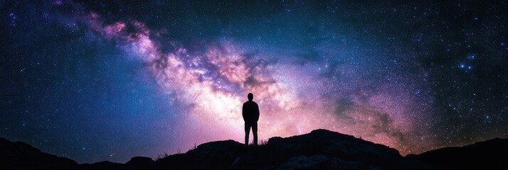 Poster - Discovering the cosmos under a radiant night sky filled with a mesmerizing Milky Way and vibrant cosmic nebula