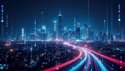 Poster - Smart city and abstract dot point connection with gradient lines, big data connectivity technology concept.