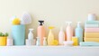 © ADD PHOTO - A visually appealing display of various pastel colored household cleaning products storage containers and organizational items creating a tidy and minimalist aesthetic