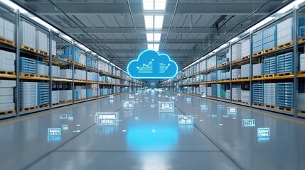Poster - A futuristic highly efficient storage warehouse featuring long orderly aisles advanced cloud based technology and a minimalist