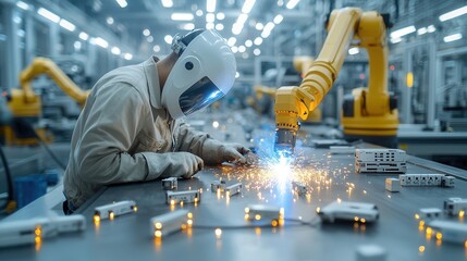 Poster - A skilled welder wearing protective gear is intently focused on the intricate process of welding metal components in a high tech manufacturing facility