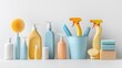 © ADD PHOTO - A visually appealing arrangement of various cleaning supplies and household items in a minimalist pastel colored palette showcasing an organized and functional domestic setting