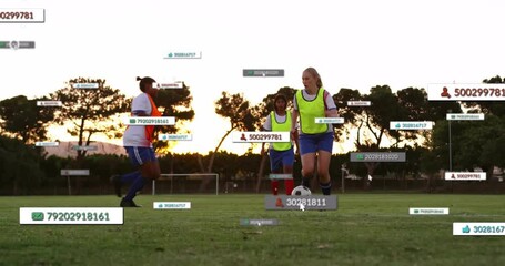 Poster - Practicing on field, soccer players with animation data tags in school setting