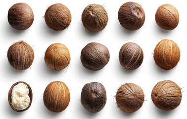 Poster - Diverse Collection of Natural Textured Brown Seed Pods Arranged in a Pleasing Display on a White Background for Natural Ingredient Concepts