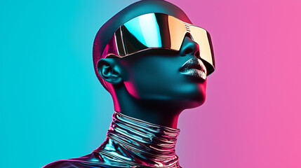 Aufkleber - futuristic model wearing reflective sunglasses and metallic clothing poses against vibrant pink and blue background, showcasing bold Y2K inspired style