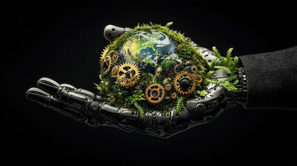 Poster - robotic hand with intricate gears cradles lush, green Earth, symbolizing harmony between technology and nature