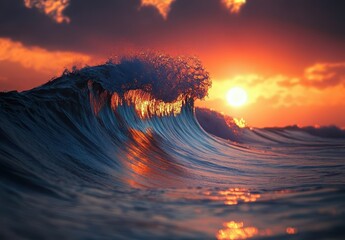 Poster - Dramatic Ocean Waves in Sunset Glow with Vibrant Colors and Textures Captured in a Breathtaking Seascape at Dusk