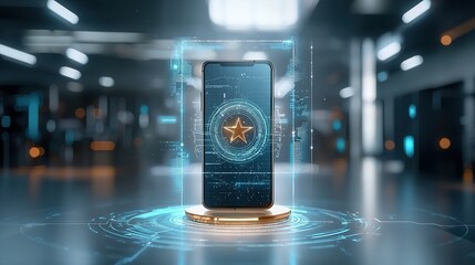 Poster - A high tech futuristic smartphone displayed in a minimalist neon lit studio setting showcasing its modern and sophisticated design