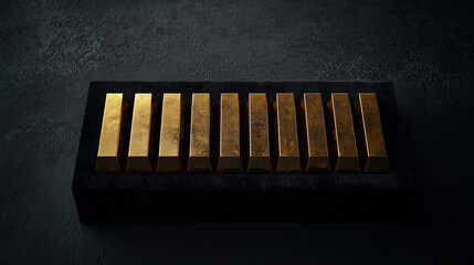 Poster - Golden bullion bars arranged on black velvet surface symbolize wealth and luxury. rich texture and gleaming surfaces create striking contrast, emphasizing opulence