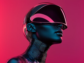 Poster - futuristic female cyborg model with sleek visor and metallic skin poses against vibrant pink background, embodying sci fi fashion