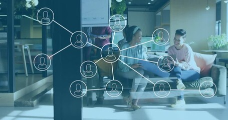 Poster - Network of connections animation over diverse people collaborating in modern office