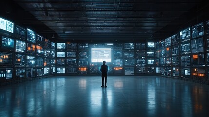 Poster - a high tech logistics center with a lone worker standing in a vast room filled with numerous screens