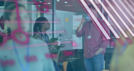 Poster - Business meeting discussion with data processing animation over glass wall