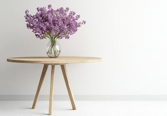 Poster - Elegant Floral Arrangement in Clear Vase on Minimalist Wooden Table Set Against a Soft Neutral Background for Home Decor Inspiration