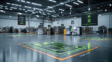 Poster - a large futuristic warehouse filled with state of the art equipment and automation systems designed 